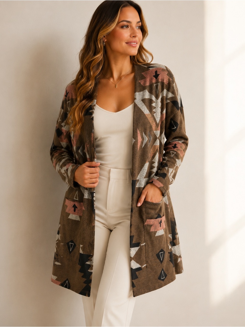 Beeson River Brown Multi Aztec Open-Front Cardigan long duster western geometric